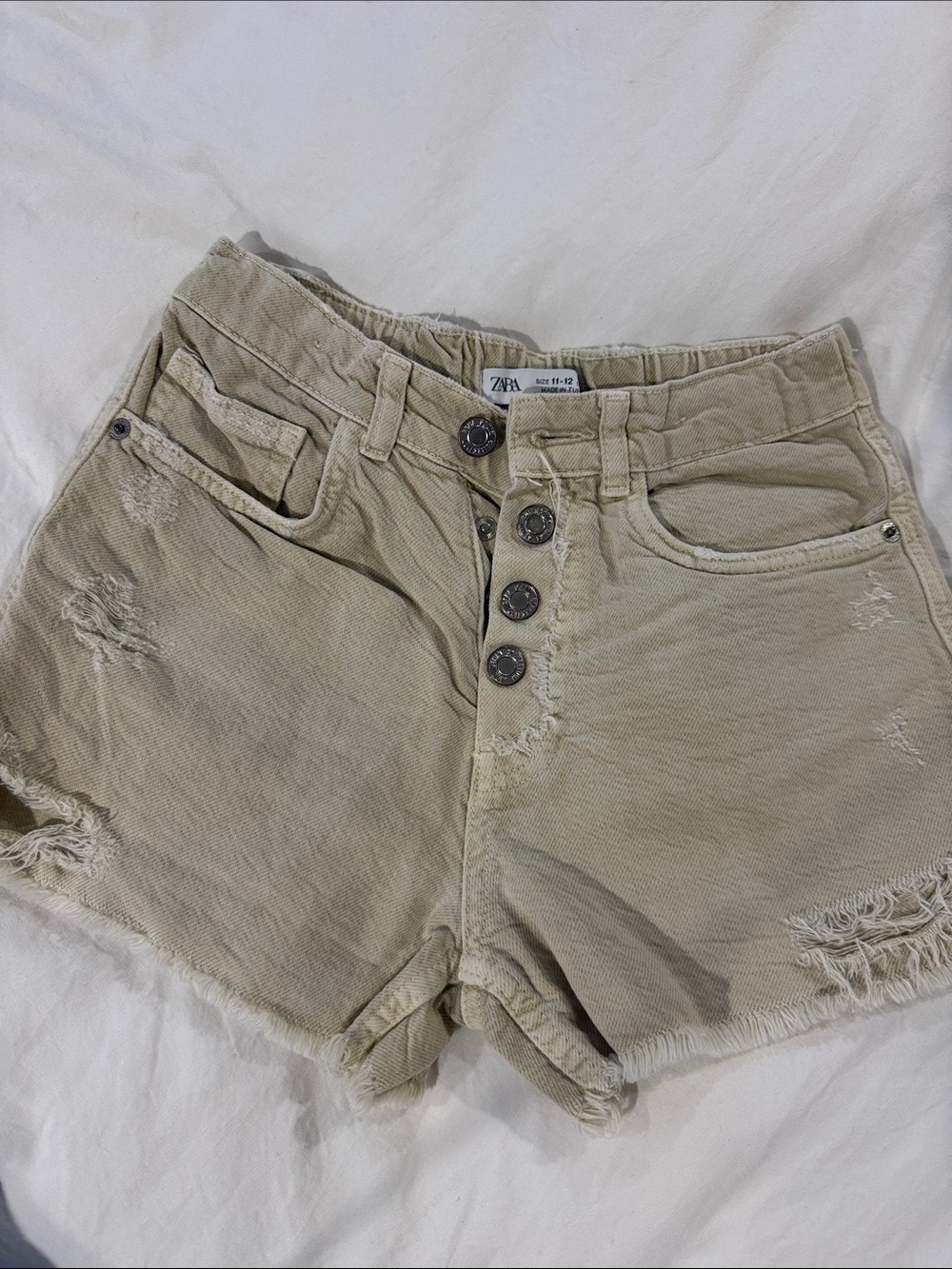 Zara Beige High-Rise Distressed Denim Shorts
